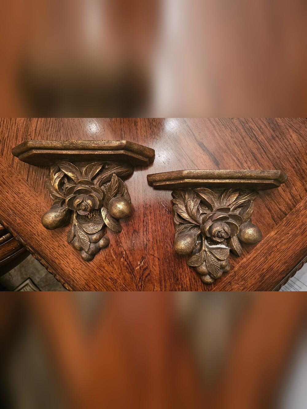 Decorative Antique Gold Floral Wall Shelves - Pair